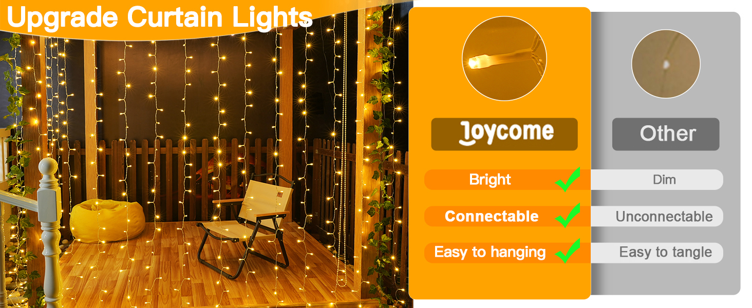 Ланцюжок LED-ліхтарів Joycome 3м x 3м, 300 LED, 8 режимів, вологостійкий, для декору вікна, балкона, кімнати, вечірки, намету, весілля, Різдва (тепле біле світло)