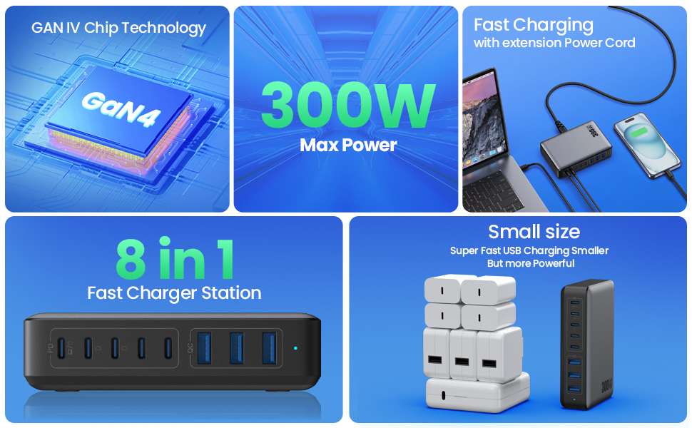 Зарядний пристрій USB C 300W, 8 портів, швидка зарядка 100W PD PPS для ноутбука, MacBook, iPad, iPhone 16/15/14, Samsung – Чорний