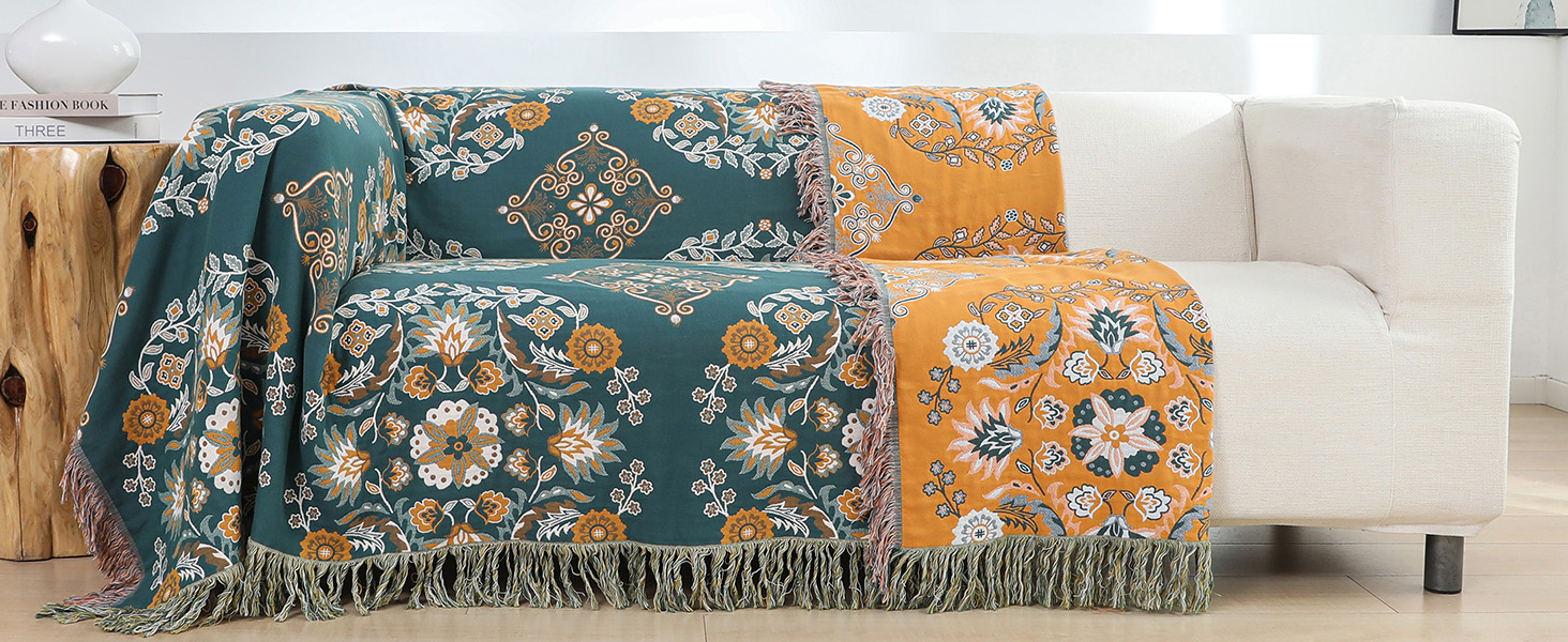 Покривало HOORDRY Boho для ліжка та дивана, бавовняна двостороння ковдра 150×200 см з китицями, жовто-зелене, для спальні та вітальні