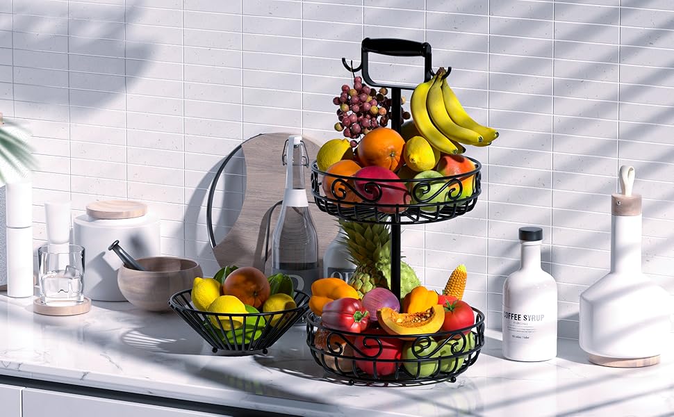 Двоярусний кошик для фруктів Couwilson з підвіскою для бананів та дерев'яною ручкою - органайзер для фруктів, овочів, хліба, цибулі, картоплі (Чорний)