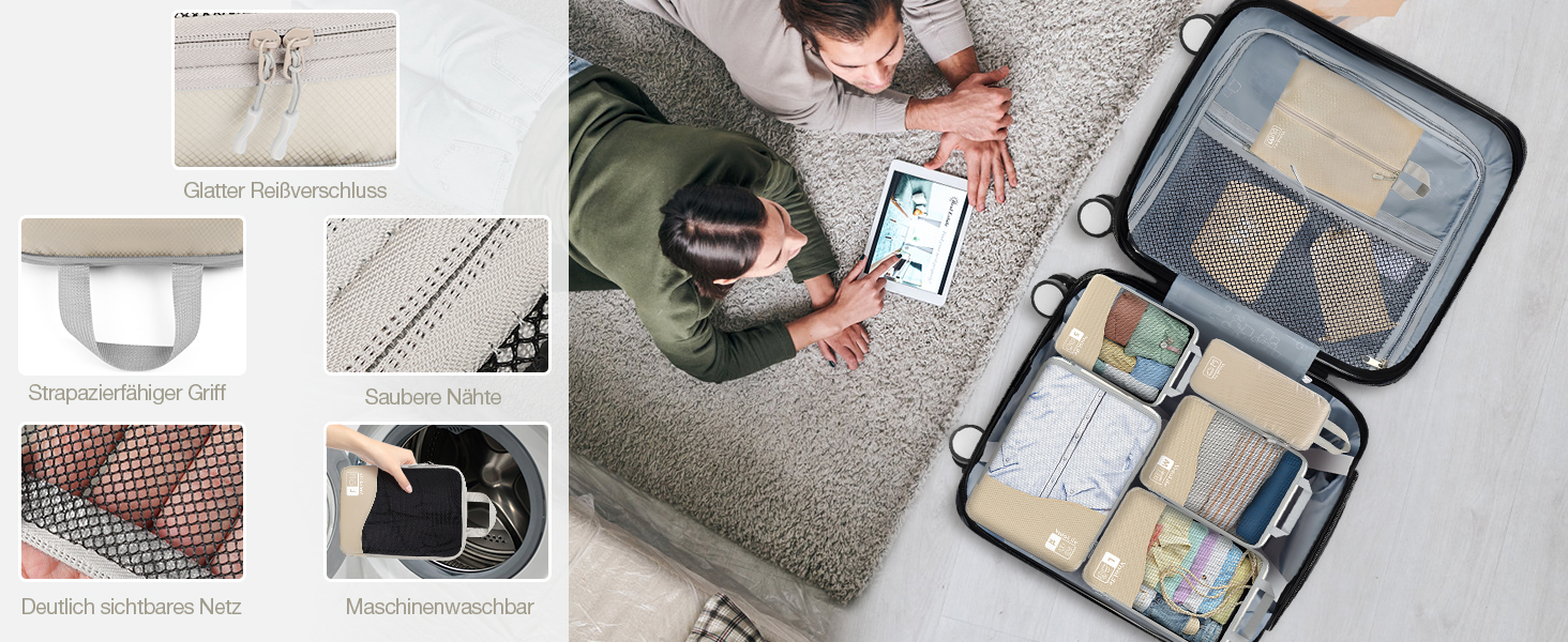 Набори для пакування валіз VnioLife (8 шт.) - Органайзери для подорожей, компресійні куби для одягу, синій та бежевий