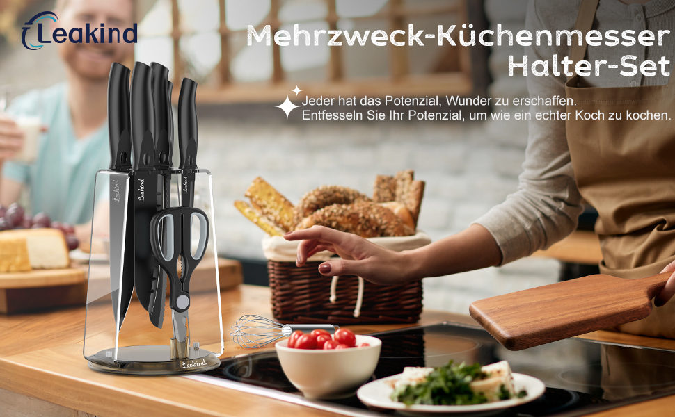 Набір кухонних ножів Messerblock Set, 8 предметів: ножі, ножиці, підставка для ножів. Ідеально для нарізання м'яса та овочів. Прозора підставка.