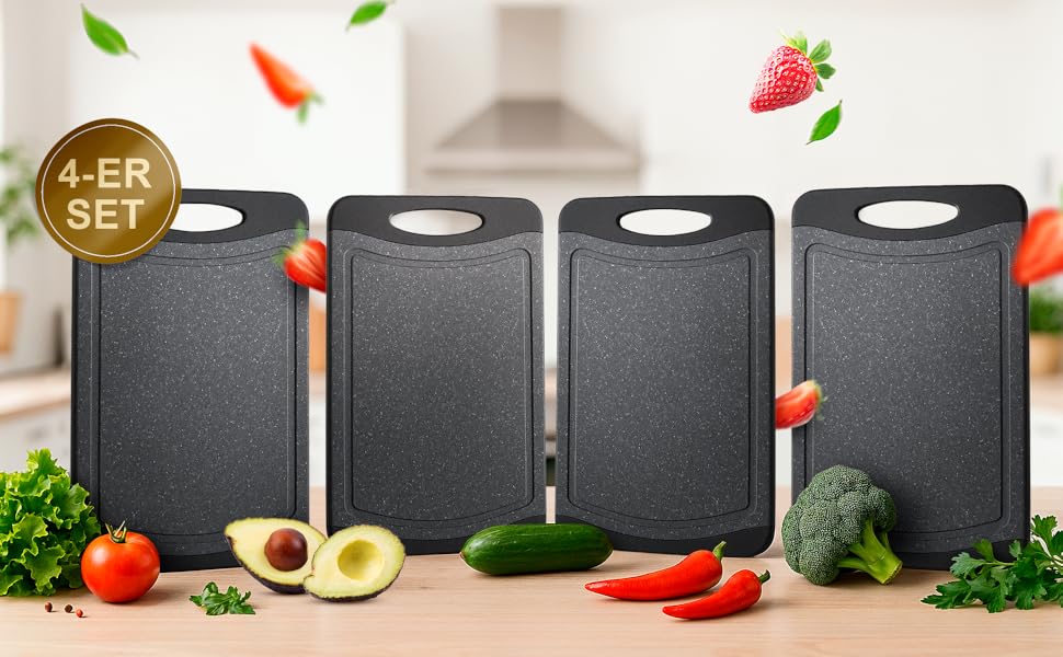 Набір дощок для сніданку NEOFLAM® 25x14 см, 4 шт. - Дошки для нарізання з пластику, BPA-free, антибактеріальні, з жолобком для соку, чорний мармур, стійкі до миття в посудомийній машині