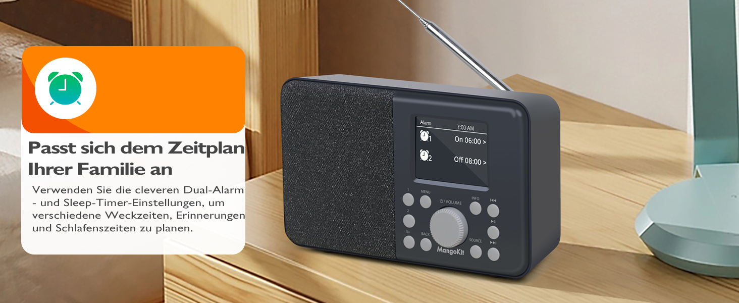 Портативне цифрове радіо MD3 DAB/DAB+/FM з Bluetooth, динаміком та навушниками, 40 станцій, будильник, годинник, таймер, кольоровий дисплей, батарея та мережа (темно-сірий)