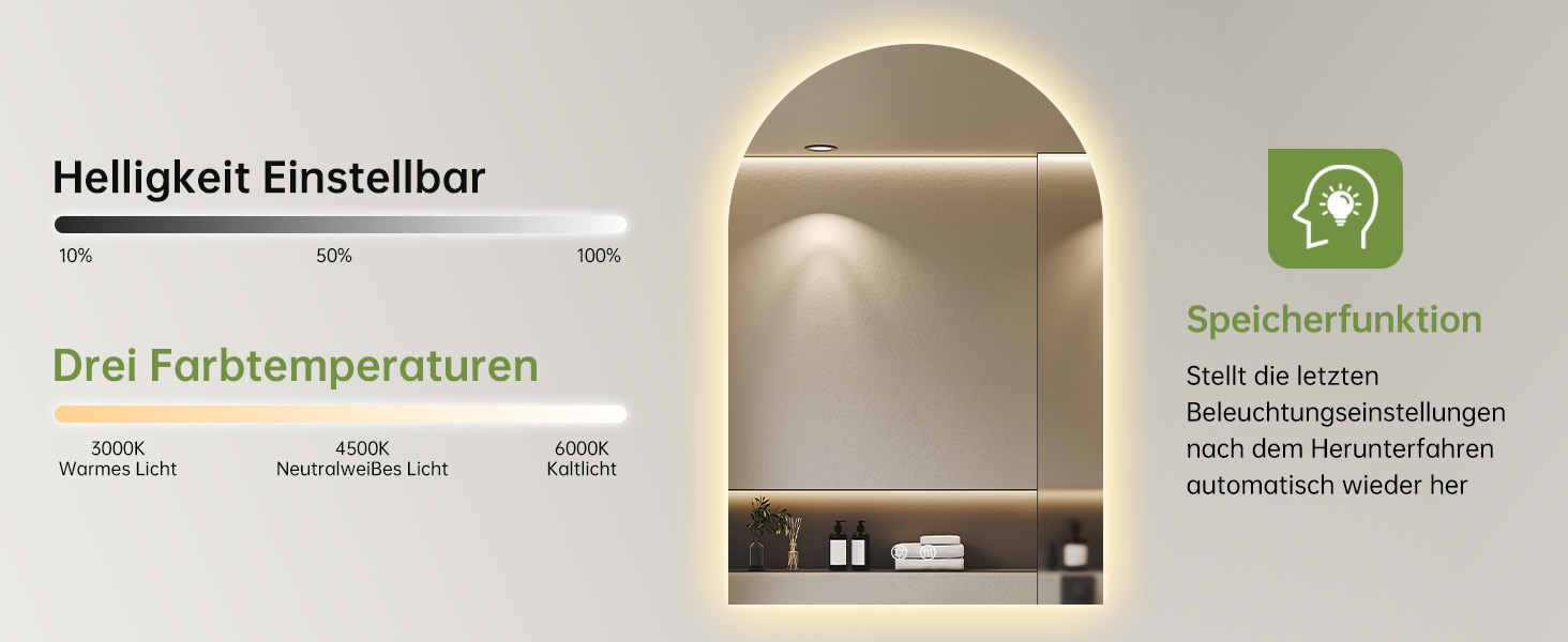 Дзеркало для ванної кімнати з підсвічуванням, арочне, без рами, 75x50 см. Touch-вимикач, регулювання яскравості, 3 кольори світла, антизапар