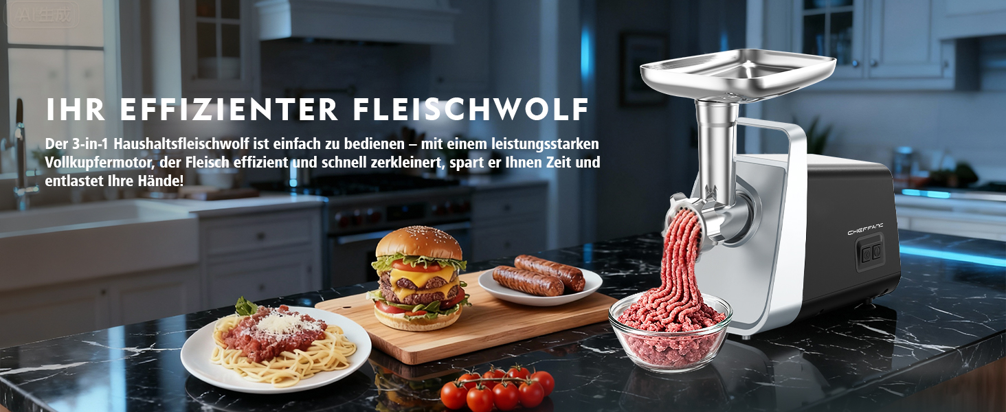 М'ясорубка електрична CHEFFANO 2000W з насадками для ковбас та кубебе, нержавіюча сталь, чорна