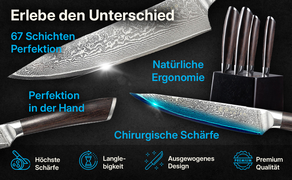 Набір кухонних ножів BEM Master Chef 6 шт. з підставкою: кухонний, овочевий, хлібний, універсальний ножі + точилка (дамаст)