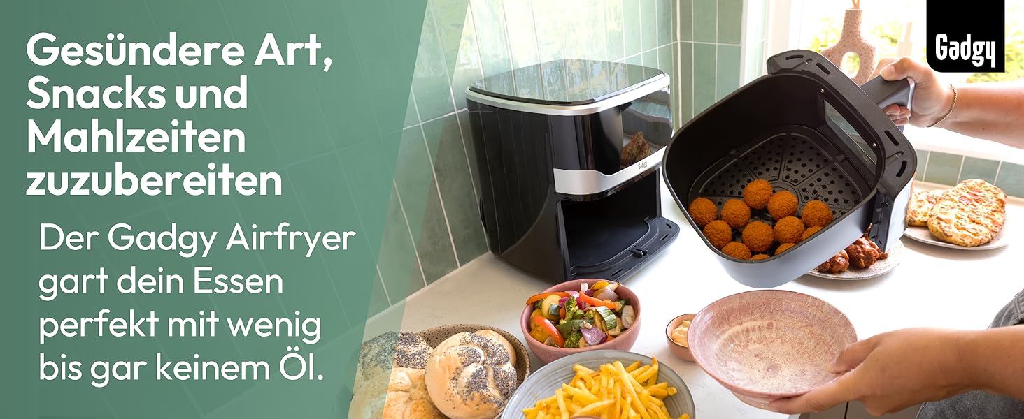 Фритюрниця без олії Gadgy 5L з цифровим дисплеєм та скляним вікном - Airfryer з антипригарним покриттям, 1400W, регулювання температури 80-200°C