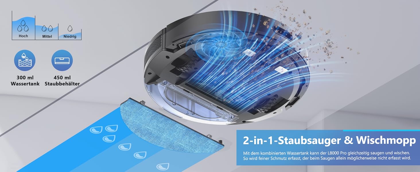 Робот-пилосос з функцією миття підлоги Tikom L8000 Pro, 6000Pa, LiDAR, 150 хв, APP, 14 зон, для шерсті тварин, килимів та твердих підлог, чорний