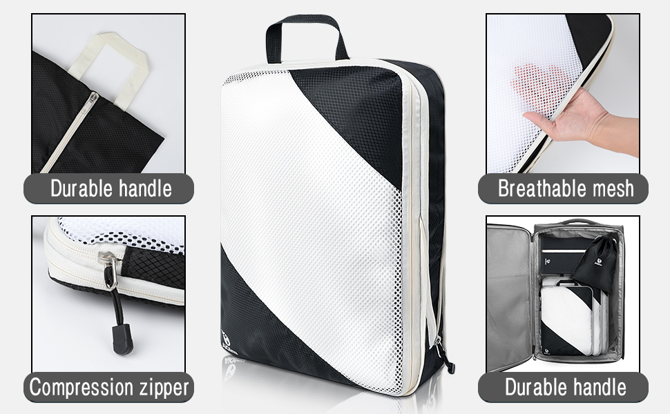 Органайзери для валіз AiQInu, 5 шт. - Набір для пакування з компресійними мішками, мішок для білизни та для взуття. Легкі, розширювані, для ручної поклажі (Чорний)