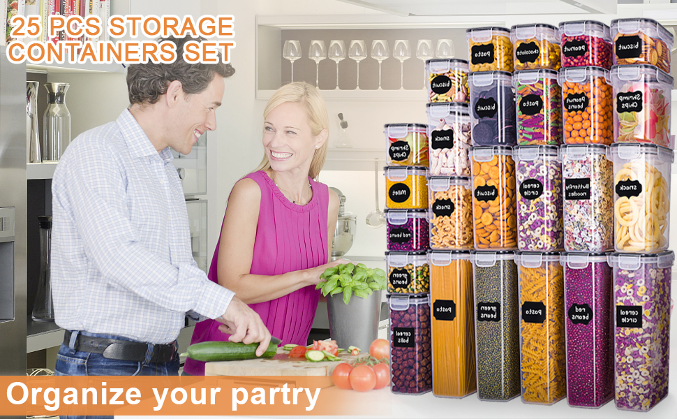Набір контейнерів для зберігання Heucheey 25 шт. - Органайзер для кухні, контейнери для продуктів з кришкою, набір для зберігання з мірною ложкою, маркувальником, наклейками, щіткою