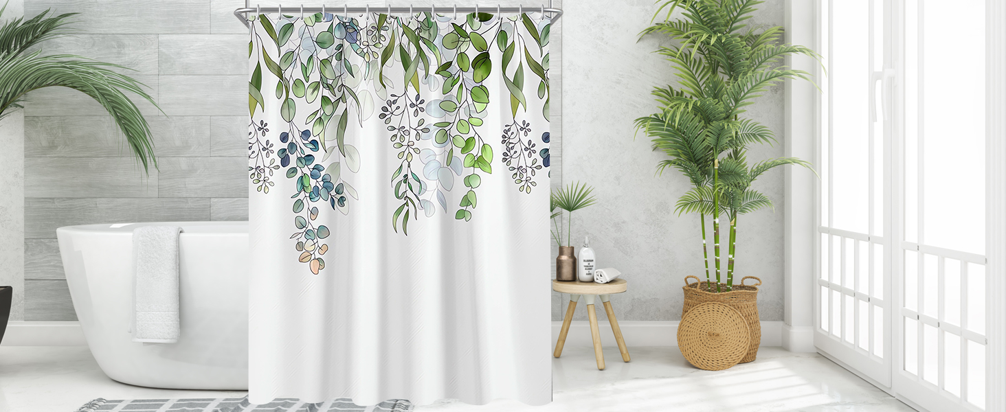 Штора для душу 300x200 см, зелені листки, антигрибкова, текстильна, з обтяженим краєм, водовідштовхувальна, поліестер, з кільцями та 16 гачками для ванної кімнати