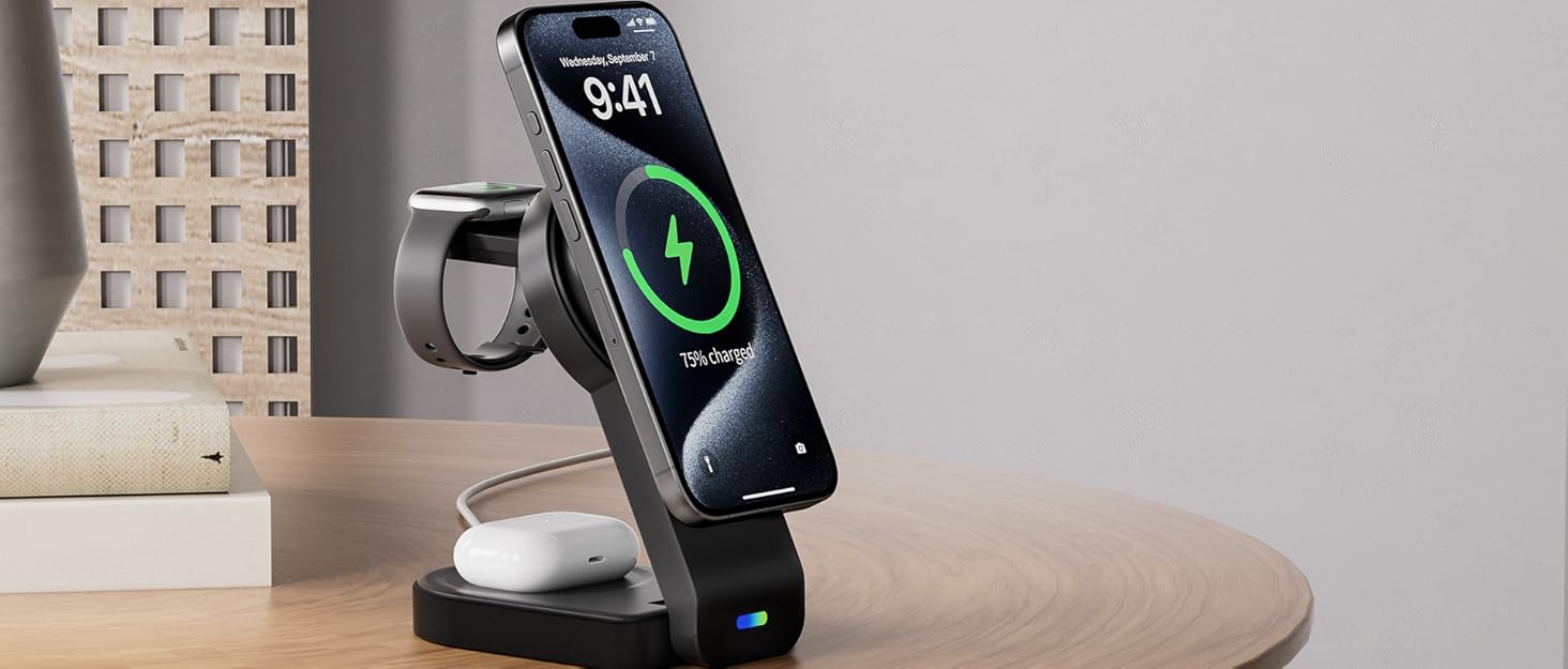 Багатофункціональна бездротова зарядка 5 в 1 з годинником для Apple iPhone, Apple Watch, AirPods (біла)