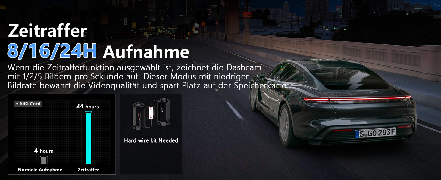 Відеореєстратор Chortau Dashcam 4K+1080P з двома камерами, WiFi, LCD 3 дюйми, 64GB SD, Нічне бачення, G-сенсор, Park Mode