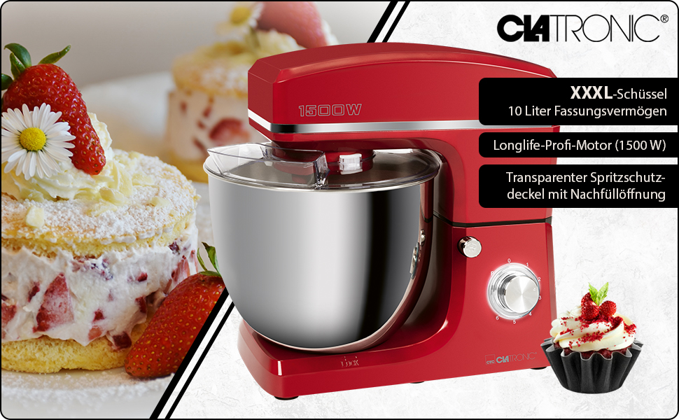 Планетарний міксер Clatronic KM 3765 XXL для випікання, чаша 10л, 1500 Вт, червоний