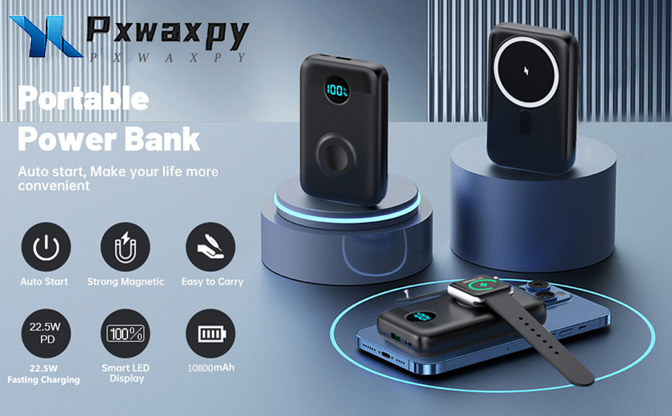 Power Bank магнітний 10800mAh з підтримкою MagSafe, 4-в-1, з зарядкою для Apple Watch, QC4.0+PD 22.5W USB-C, швидка зарядка, LED-дисплей, чорний