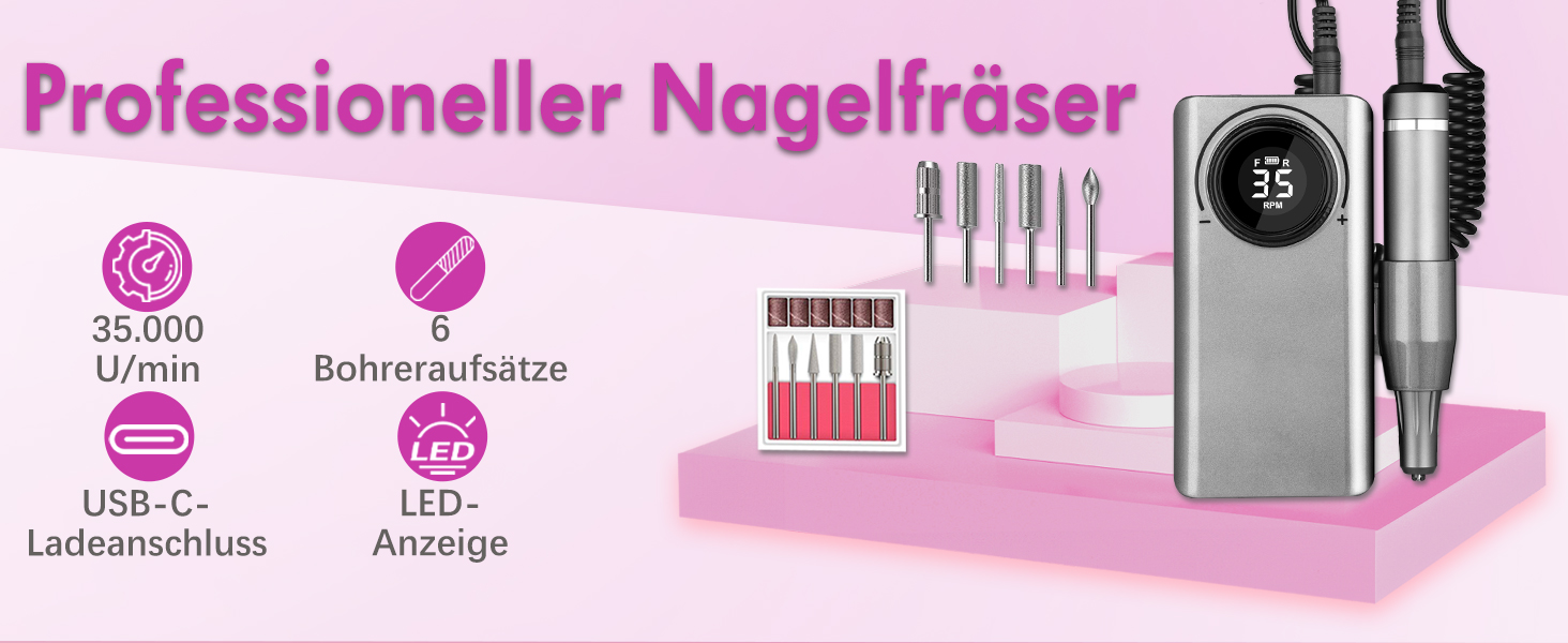 Електричний фрезер для нігтів 35000 об/хв з LED-дисплеєм та USB-зарядкою. Професійний набір для манікюру та педикюру для гелю та акрилу. DIY-інструмент для нігтів