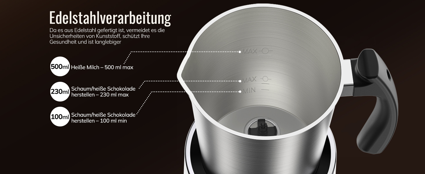 Електричний піноутворювач для молока Morpilot, 500 мл, 650 Вт, нержавіюча сталь, миється в посудомийній машині, для гарячого та холодного молока, шоколаду, антипригарне покриття