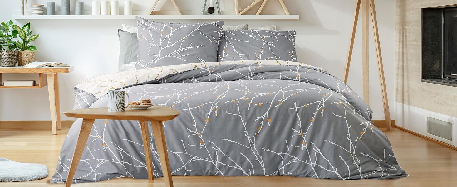 BEDSURE Комплект постільної білизни 135x200, бавовна, 4-х частинний, сірий/бежевий/помаранчевий. Комплект постільної білизни з ковдрою та двома наволочками 80x80 см, з принтом гілок, на блискавці, ÖKO-TEX, комплект постільної білизни