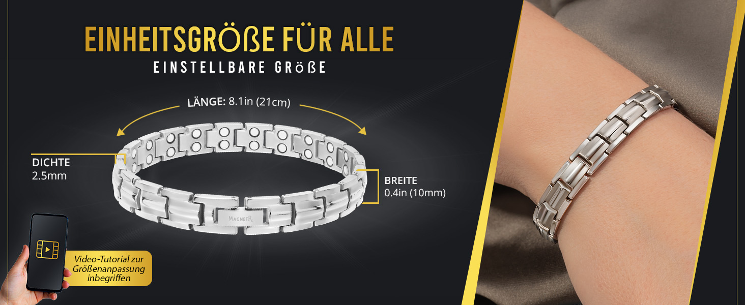 Браслет на руку з титану MagnetRX® Ultrastarkes для жінок – Магнітний браслет з титану, регульований розмір, інструмент для визначення розміру, сріблястий