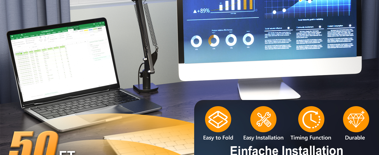 SKYLEO LED Desk Lamp with Dual Head, Remote Control, Clamp-On, 2400 Lumens, 24W, 5 Color Temperature Modes, Timer & Memory, Easy Install - for Office, Reading - Black, 76cm