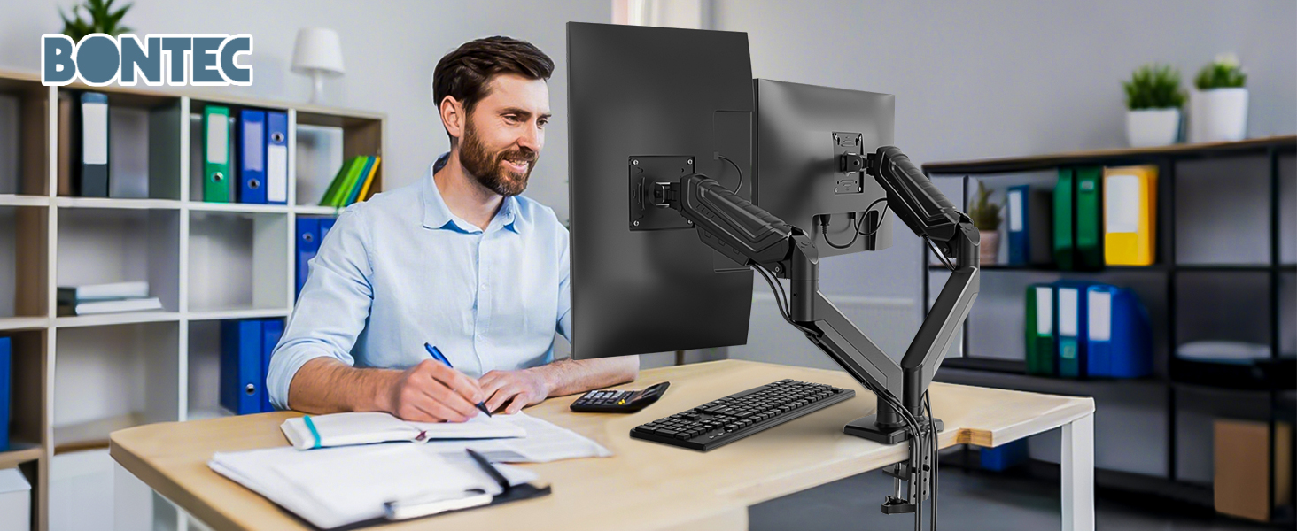 Підставка для монітора BONTEC для 2 моніторів, 14-34 дюйми, газліфт, VESA 75/100, регульована, поворотна, 360°, ергономічна, з кабелеуправлінням, для дому/офісу та геймінгу