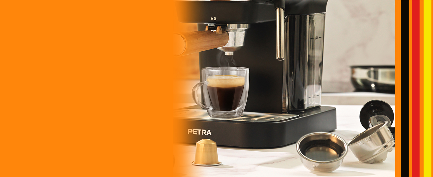 Petra Coffee Machine Barista Pro 1.5L, Semi-Automatic Espresso Machine with Milk Frother, Small Coffee Machine for Espresso & Cappuccino, Coffee Maker 15 Bar, 850W (3-in-1 Barista Coffee Machine)