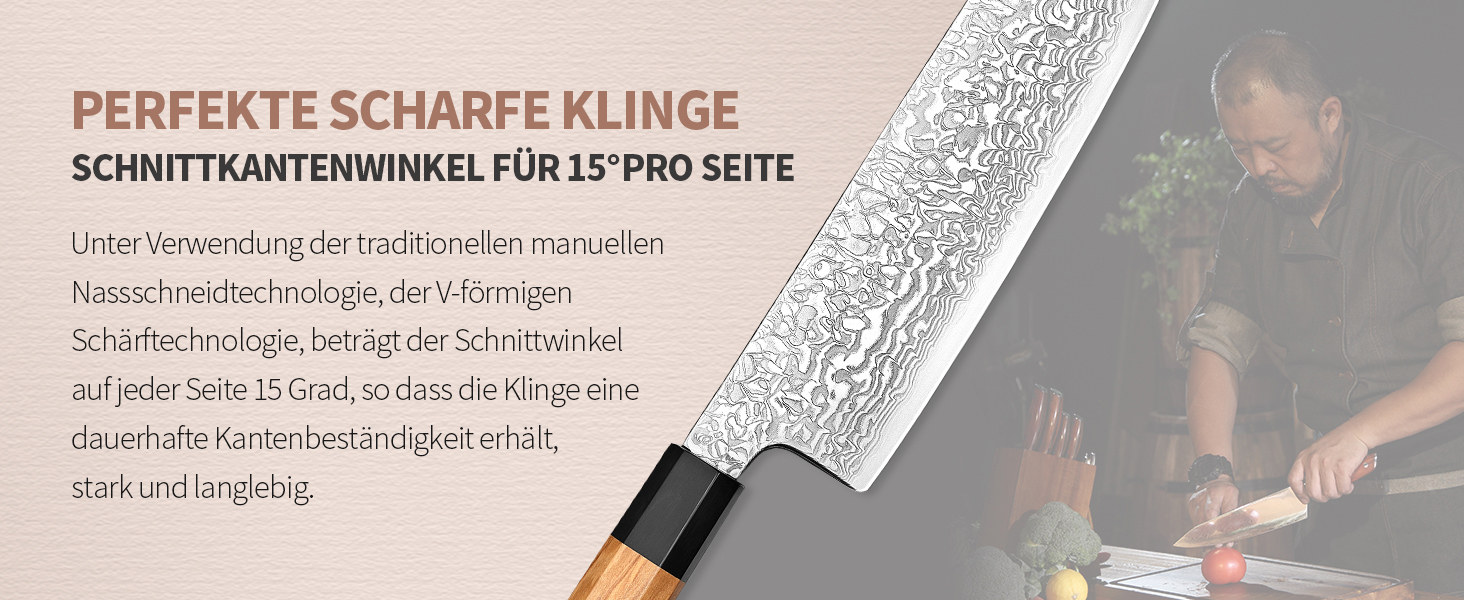 Японський ніж Kirituke XINZUO з дамаської сталі, 21.5 см, Gyuto, ручка з оливкового дерева та чорного рогу буйвола, ручна робота, з піхвою