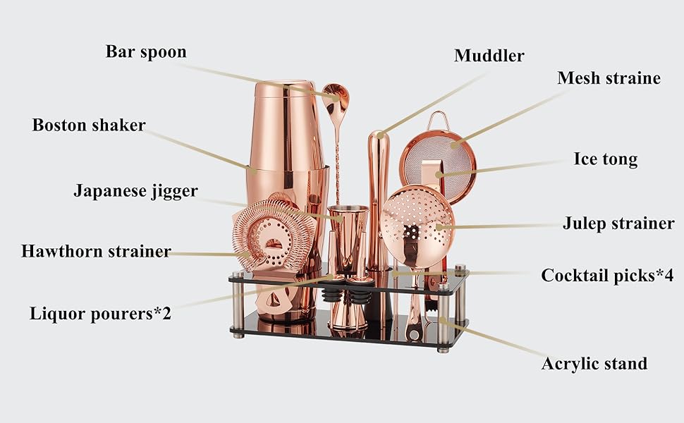 Набір шейкерів Boston - 16 предметів, нержавіюча сталь, рожеве золото, з акриловою основою, сито, щипці для льоду, барна ложка, мірний стакан, мадлер, виливач для пляшок та коктейльні шпажки