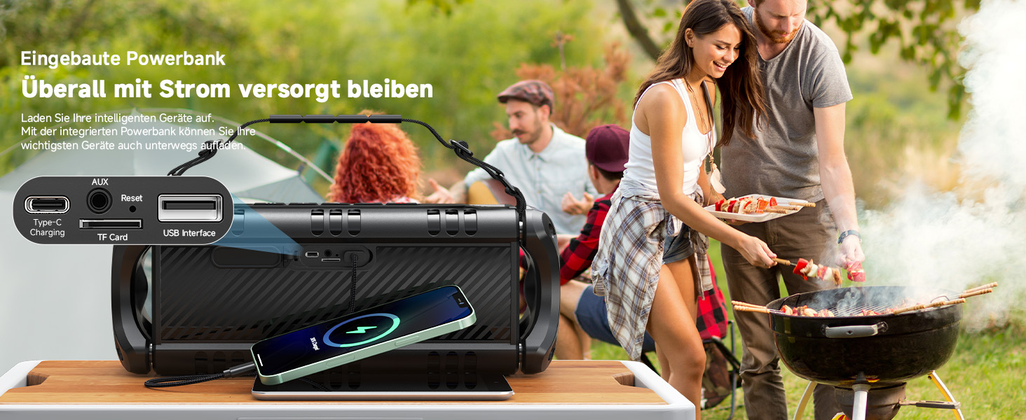 W-KING Портативна Bluetooth Колонка 90W з Глибоким Басом, DSP, 40 годин акумулятора та IPX6 Захистом від Води. Підтримка Powerbank, EQ, AUX та TF-карта. Чорний Колір. Ідеально для кемпінгу, пляжу та саду.