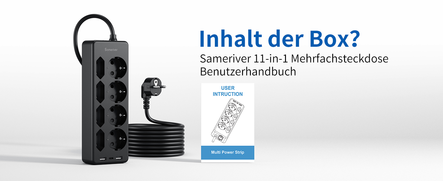 Мережевий фільтр Sameriver 8-фазний з захистом від перенапруги, 3 USB, вимикач, кабель 3M, чорний