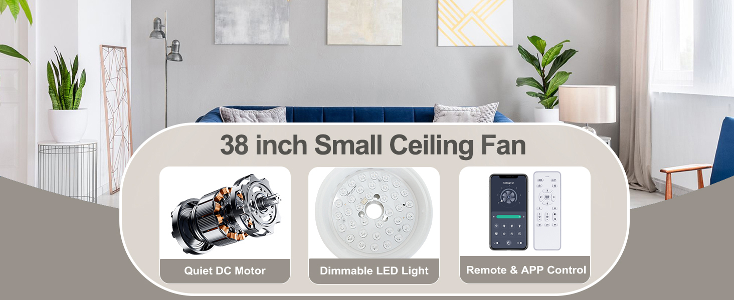 Стеляний вентилятор Ohniyou з підсвіткою та пультом дистанційного керування, 96,5 см (38 дюймів), з керуванням через додаток, тихий, регульований, для спальні, тераси, внутрішнього та зовнішнього використання, білий, сучасний