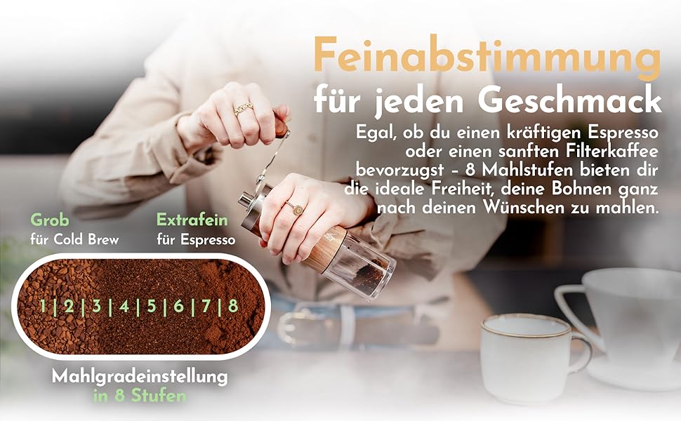 Ручна кавомолка Nuvioo з керамічним жорном, 8 ступенів помолу - для еспресо, кави, кемпінгу та відпочинку на природі