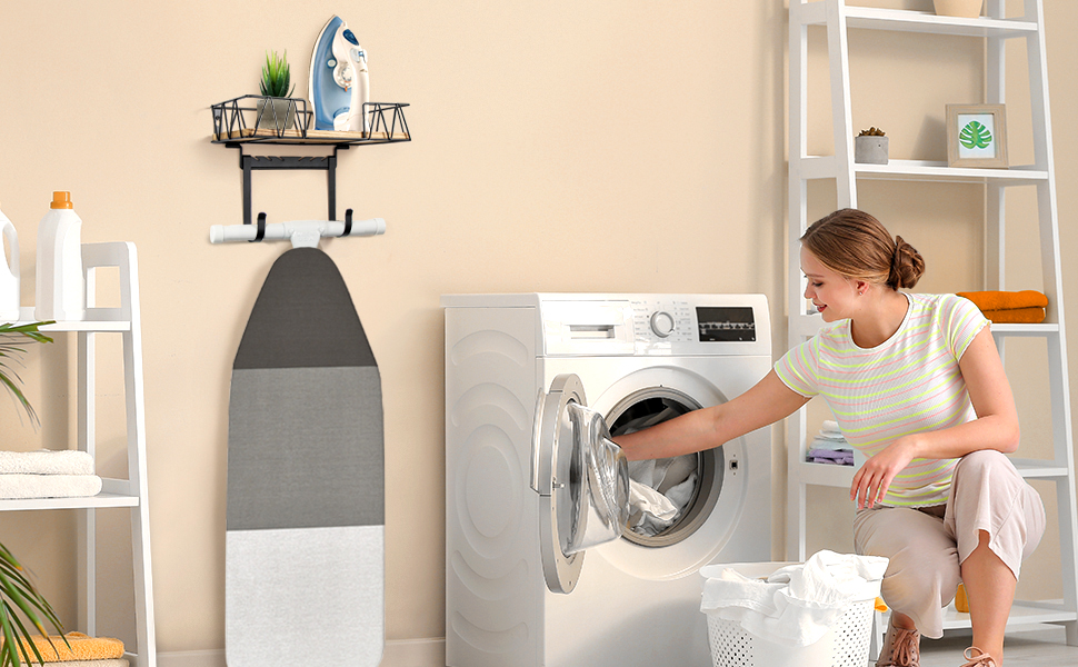 Настінна підставка для прасувальної дошки TJ.MOREE | З корзиною та гачками | Чорний колір