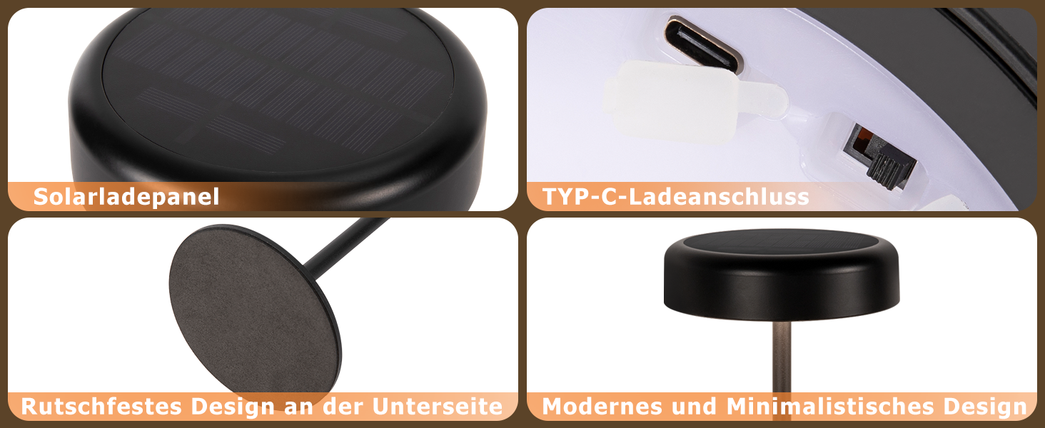 Настільна лампа на сонячній батареї з акумулятором LED, 2 шт, чорна. Бездротова, з димером, USB зарядка, IP44 для дому та вулиці