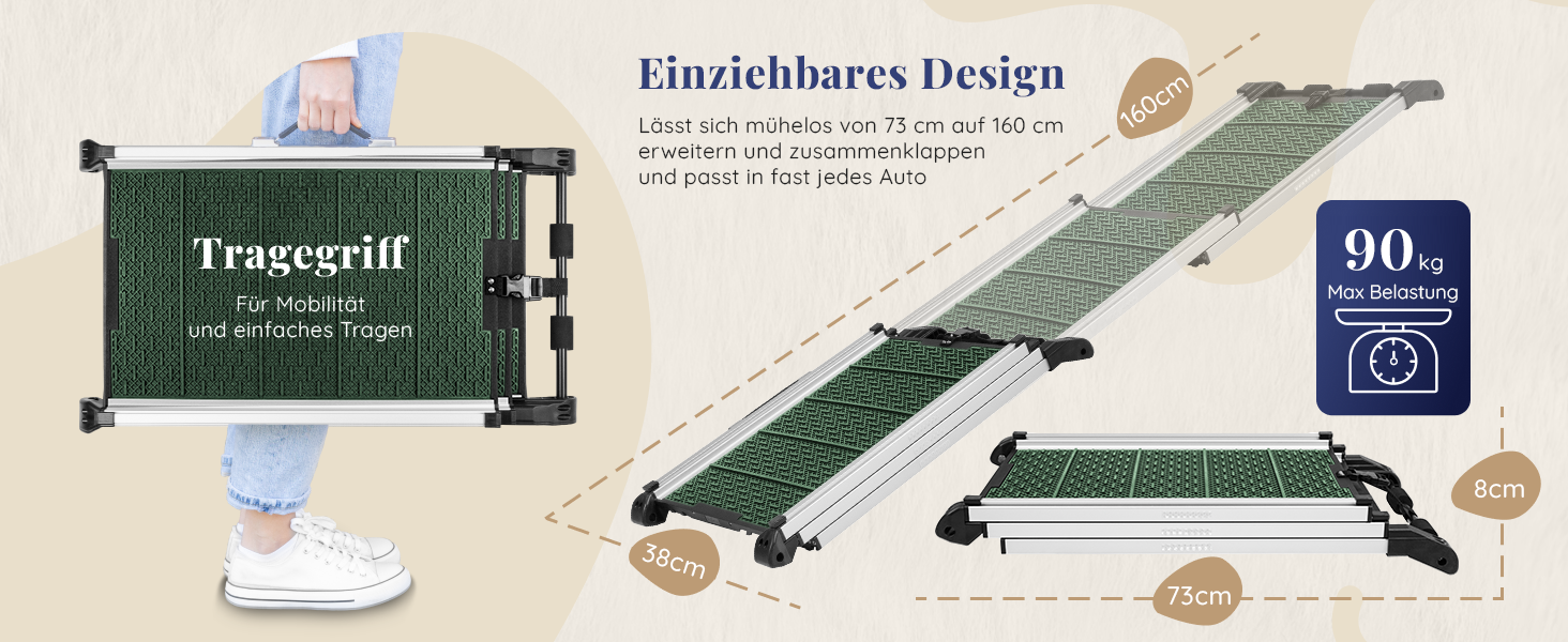 Трампліна для собак у машину, складана, стабільна, до 90 кг, для SUV та легкових авто, телескопічна алюмінієва, зелена, з кліпсою