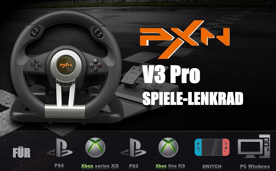 PXN V3 Pro - Геймерське кермо з педалями для ПК, PS4, PS3, Xbox, Nintendo Switch (180°, вібрація, перемикач)