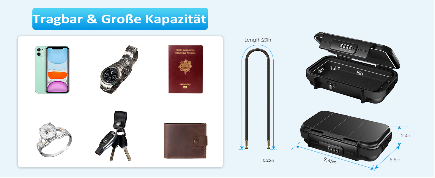 Портативний міні-сейф Brifit з кодовим замком на 4 цифри, водонепроникна сумка-сейф для цінностей із дротяним тросом для подорожей, кемпінгу та пляжу, чорний (23.5 x 13.5 x 5.8 см)