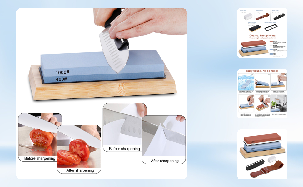 Набір для заточування ножів Aoresac: професійний шліфувальний камінь з різною зернистістю (400/1000/3000/8000) з неслизькою основою, камінь для заточування площини, кутовий шаблон, брусок для полірування. У подарунковій коробці