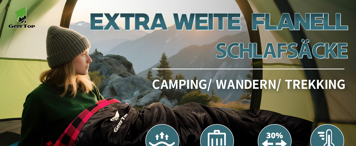 Сплячий мішок GEERTOP XXL для 4 сезонів, фланелевий, 220x100 см, для дорослих, кемпінг, подорожі, піші прогулянки (чорний з червоною клітинкою)