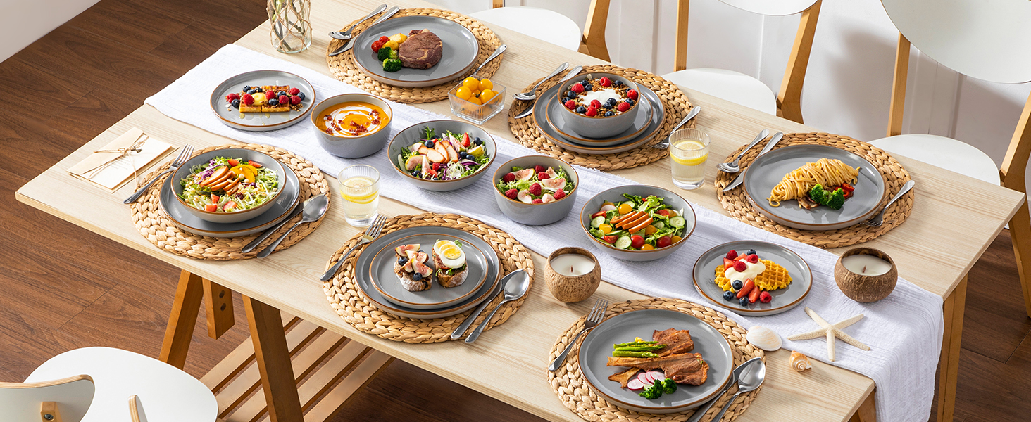 Набір посуду на 6 осіб Vancasso RENO 24 шт. з каменю, сучасний сервіз: обідні, супові, десертні тарілки, миски. Можна мити в посудомийній машині та використовувати в мікрохвильовці, сірий колір.