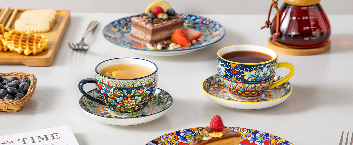 Набір кавових чашок капучино Vancasso SIMI (6 шт.) з блюдцями, 240 мл - фарфоровий посуд для 6 осіб, мікрохвильова піч, богемський стиль