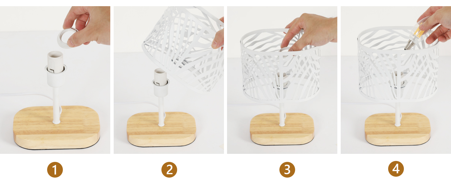 Настільна лампа з дерева, вінтажна модель E14, настільна лампа з дерев'яним цоколем та металевим абажуром, для дитячої кімнати, вітальні, спальні, бару (біла)