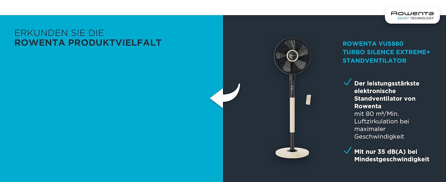 Вентилятор Rowenta Turbo Silence Extreme: тихий, потужний, з авто-обертанням, 4 швидкості, нічний режим, білий/чорний, VU5640 Hell