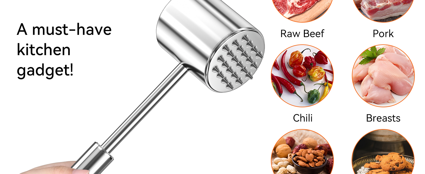 Кліпер для м'яса HOOMIL, двосторонній антипригарний, молоток для відбивання м'яса з неслизькою ручкою, для шніцелів та стейків, срібний (круглий, гладкий срібний)