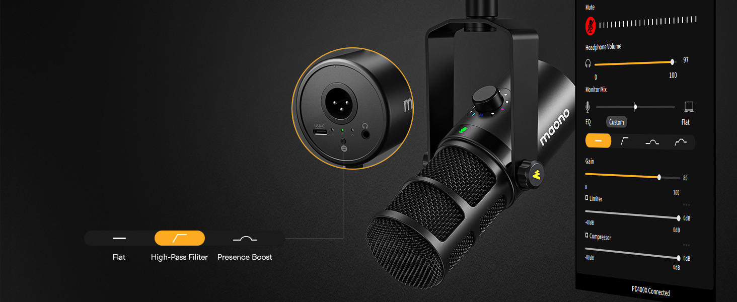 MAONO PD400X: USB/XLR мікрофон для подкастів, студії, стрімінгу та геймінгу з регулюванням гучності та функцією Mute