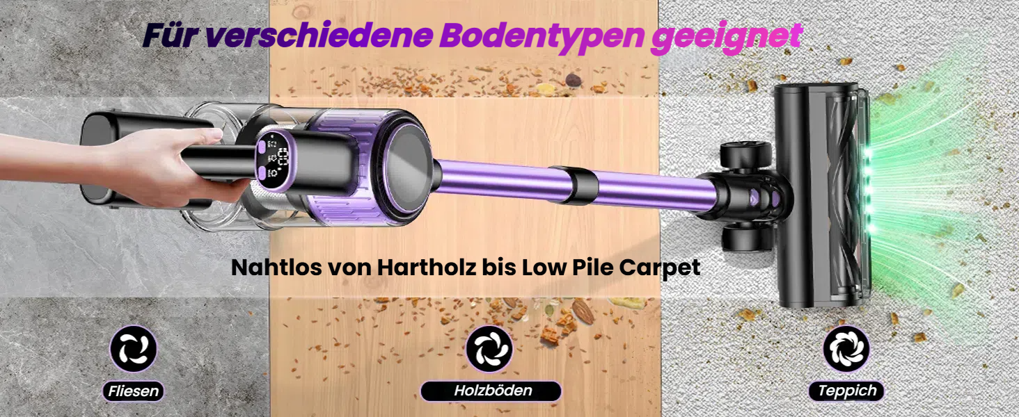 Бездротовий акумуляторний пилосос 45000 Па/500 Вт/45 хв з LED-дисплеєм та щіткою проти намотування, висувний шланг 73 см для твердих поверхонь, килимів, шерсті тварин, фіолетовий