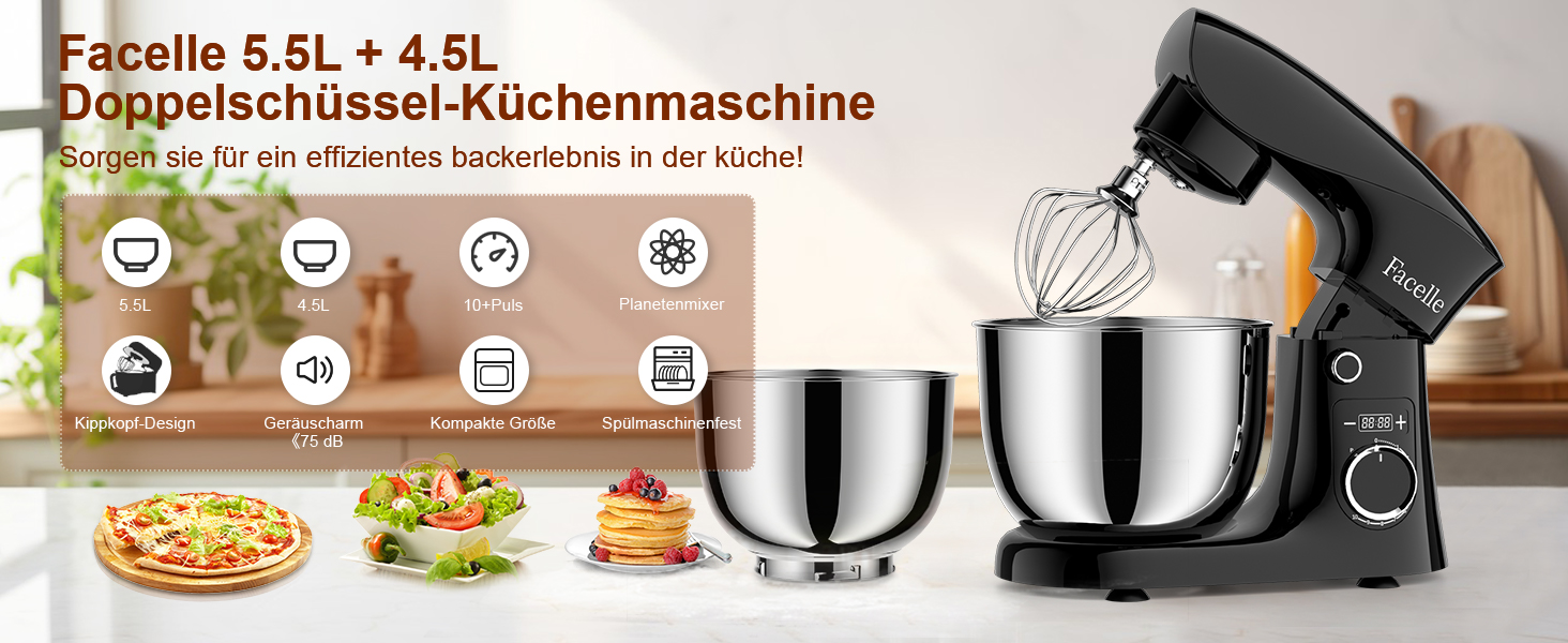 Кухонна машина-міксер Facelle 1500W з чашею 5.5л/4.5л, 10+ програм, чорний