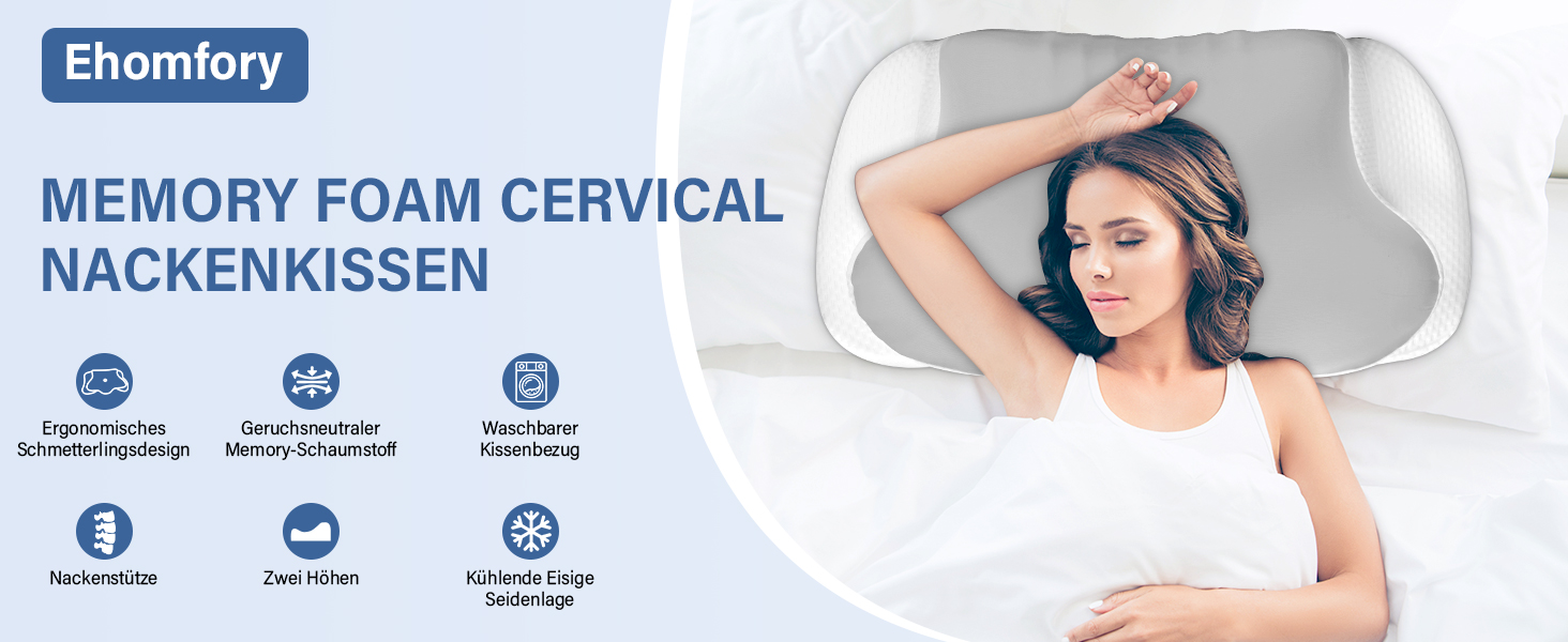 Подушка для шиї Ehomfory з піною з пам'яті, дихаюча, ергономічна, для сну на боці, спині та животі (срібна)