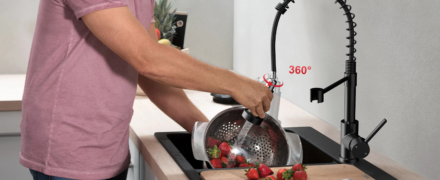 Кухонний змішувач Rainsworth з нержавіючої сталі, чорний, з висувною лійкою та двома струменями, 360° обертання, 45 см
